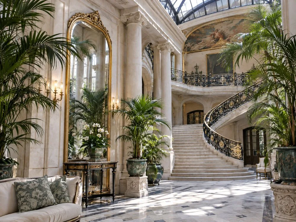 The André mansion’s winter garden, marble, palm trees and double-revolution staircase