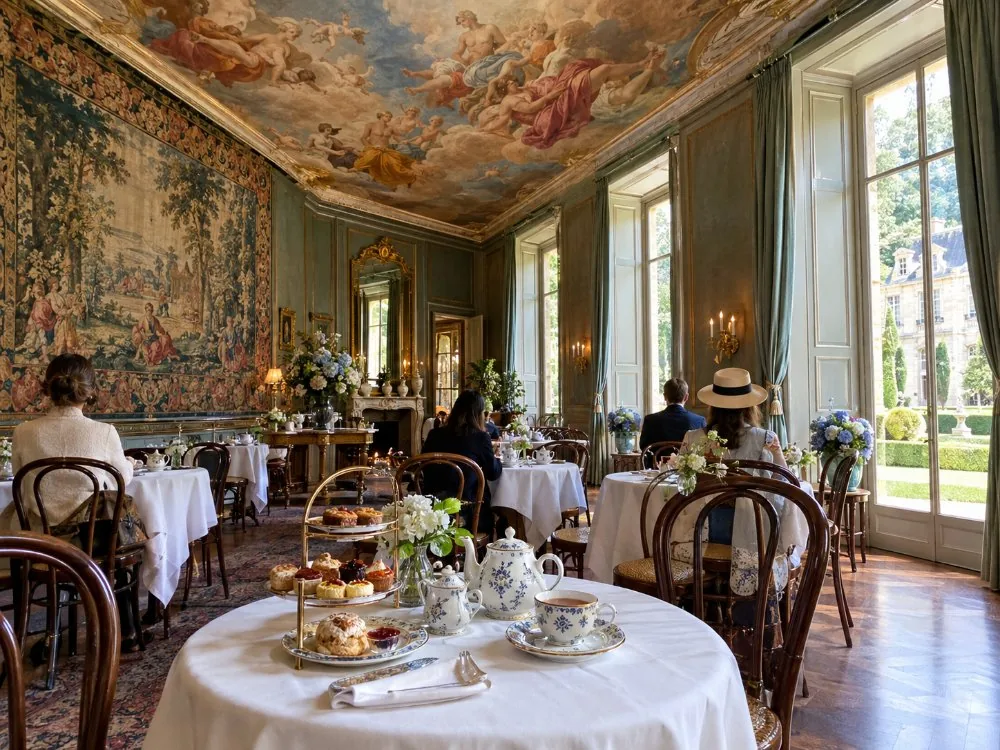 The tea room beneath the painted ceiling of the former dining room, white tablecloths